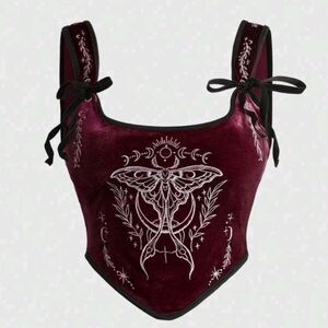NEW Deep Red Velvet Top with Goth Moon Moth Celestial Embroidery